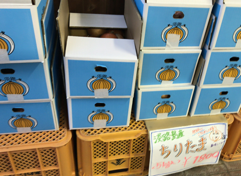 道の駅あわじ（兵庫県）で売っていた箱入りの「ちりたま」という玉ねぎの写真